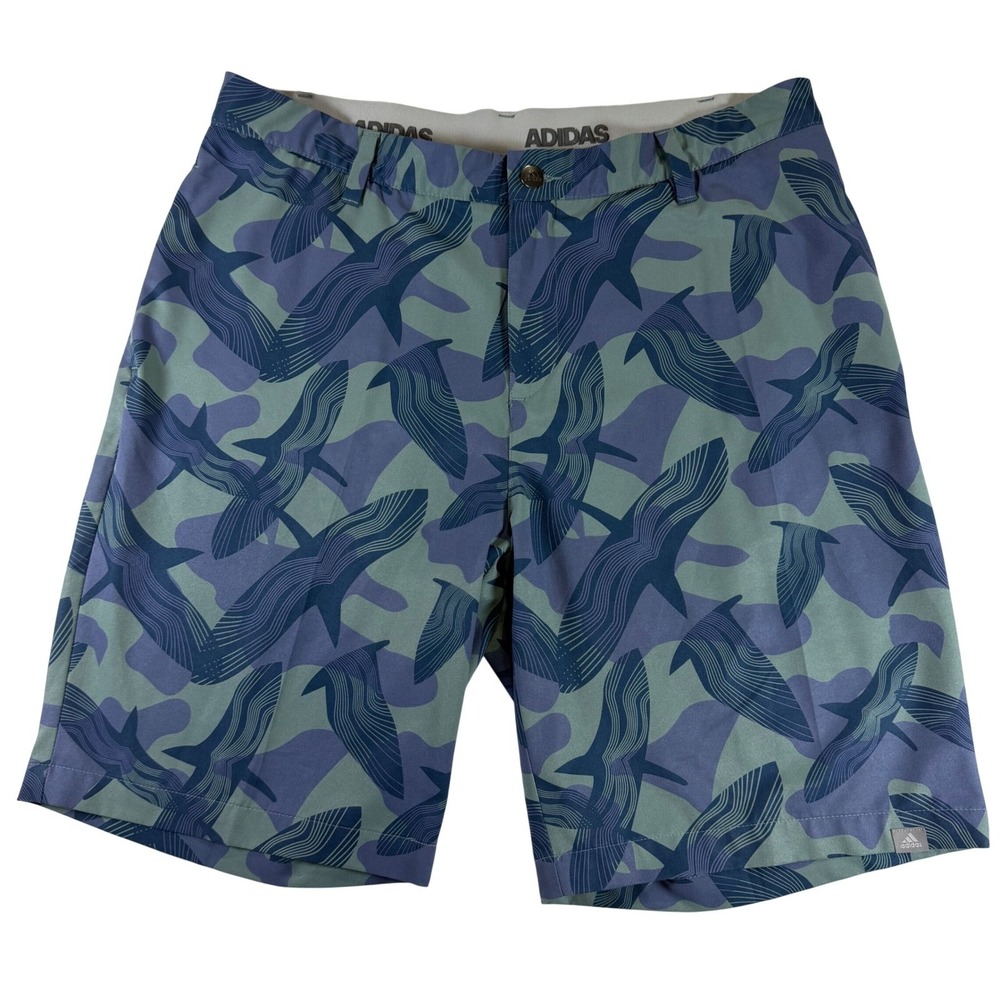Adidas Golf Shorts Mens 34 Blue Green Whale Camo Print Performance Stretch 9 In